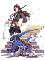  1boy black_hair blue_hair canine commentary_request highres kiseru long_hair maro_(nikeneko523) petals repede_(tales) sheath sheathed smoking_pipe sword tales_of_(series) tales_of_vesperia weapon yuri_lowell 