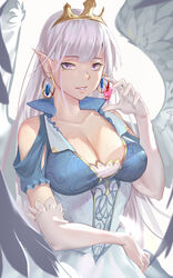  absurdres arm_across_waist artist_name bare_shoulders breasts chinese_commentary cleavage collarbone commentary_request corset covered_nipples crown damiaodi dress earrings elbow_gloves feathered_wings feathers female gloves grey_eyes heart highres jewelry large_breasts long_hair looking_at_viewer original parted_lips pointy_ears short_sleeves silver_hair solo teeth upper_body very_long_hair white_gloves white_wings wings 