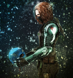  1boy animification brown_hair captain_america:_the_winter_soldier captain_america_(series) chinese_commentary commentary_request cyborg helmet holding holding_helmet james_buchanan_barnes male_focus marvel marvel_cinematic_universe mask mechanical_arms mouth_mask photoshop_(medium) single_mechanical_arm snowing solo tooot winter_soldier 