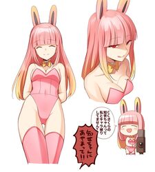  animal_ears bare_shoulders blunt_bangs blush_stickers bow breasts chibi choker cleavage closed_eyes facing_viewer fate/grand_order fate_(series) female leotard licking_lips long_hair medium_breasts movie_camera multiple_views navel nyakelap open_mouth pink_hair pink_legwear pink_leotard playboy_bunny rabbit_ears red_eyes riyo_servant_(bunnygirl)_(fate) shaded_face thighhighs tongue tongue_out translation_request white_background yellow_bow 