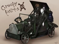  6+boys bad_id bad_pixiv_id ben_drowned black_sclera business_suit car colored_sclera crazy_eyes creepypasta equala evil_smile eyeless_jack faceless formal glasses highres jeff_the_killer laughing_jack mask masky motor_vehicle multiple_boys slender_man smile suit ticci_toby vehicle_focus 