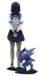  black_hair black_skirt commentary_request crossover dusk_ball facing_away female from_behind full_body hands hayashi_ekyuu misumi_tomoe monster own_hands_together pantyhose photokano pleated_skirt poke_ball pokemon pokemon_(creature) sableye school_uniform serafuku shirt short_sleeves skirt standing v_arms white_background white_shirt 