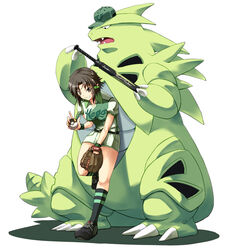  baseball_bat baseball_cap baseball_mitt baseball_uniform brown_eyes brown_hair clothes_writing commentary_request crossover female hair_ornament hairclip hat hayashi_ekyuu highres masaki_nonoka photokano poke_ball pokemon pokemon_(creature) short_hair shorts smile sportswear tyranitar ultra_ball 