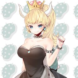  absurdres armlet bad_id bad_twitter_id bare_shoulders blonde_hair blue_eyes bowsette bracelet breasts collar commentary_request crown dopoing dress female highres horns jewelry large_breasts mario_(series) new_super_mario_bros._u_deluxe ponytail sharp_teeth spiked_armlet spiked_bracelet spiked_collar spiked_shell spikes strapless strapless_dress super_crown teeth turtle_shell 