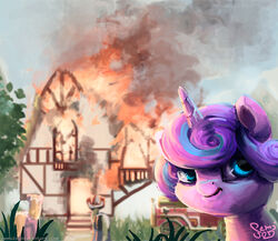  2018 baby blonde_hair blue_eyes blurred_background building burning_building clothing digital_media_(artwork) digital_painting_(artwork) disaster_girl equid equine female feral fire fire_engine flurry_heart_(mlp) friendship_is_magic grass group hair hasbro hat headgear headshot_portrait headwear horn horse house leaf looking_at_viewer mammal meme multicolored_hair my_little_pony nemo2d outside plant pony portrait signature smile smoke solo_focus tree truck_(vehicle) two_tone_hair vehicle young 