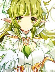  closed_mouth commentary_request daybreaker_(elsword) elsword female gloves green_eyes green_hair green_necktie light_green_hair long_hair looking_at_viewer necktie no_nose outstretched_hand pointy_ears rena_erindel runia_(runia0) signature simple_background smile solo upper_body white_background white_gloves 