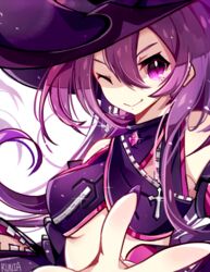  aisha_landar closed_mouth commentary_request elsword female fingernails hat long_hair looking_at_viewer nail_polish no_nose one_eye_closed oz_sorcerer_(elsword) purple_eyes purple_hair purple_hat purple_nails runia_(runia0) signature simple_background smile solo upper_body white_background 