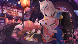  1boy architecture black_sclera blue_skin bridge cherry_blossoms chinese_commentary colored_sclera colored_skin commentary_request east_asian_architecture eye_contact fangs female gold_trim japanese_clothes kitsune kyonshii_imouto_(onmyoji) lantern long_hair looking_at_another mask monster_girl night onmyoji onmyouji open_mouth outdoors paper_lantern pink_hair pointy_ears ponytail red_eyes shan-n white_hair wide_sleeves youko_(onmyoji) 