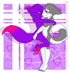  anthro blush canid canine chibi claws duo female honesty_(artist) hug male male/female mammal nude pawpads pink_pawpads purple_pawpads smile sparklefur standing teal_claws teal_pawpads wolfaurora 