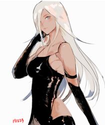  a2_(nier:automata) bare_shoulders blue_eyes commentary_request elbow_gloves female gloves hair_over_one_eye joints korean_commentary nier:automata nier_(series) robot_joints solo takssmask thighhighs unfinished white_hair 