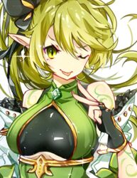  ;p anemos_(elsword) black_bow black_gloves bow commentary_request earrings elsword female fingerless_gloves gloves green_eyes green_hair hairbow high_ponytail jewelry light_green_hair long_hair looking_at_viewer no_nose one_eye_closed pointy_ears ponytail rena_erindel runia_(runia0) simple_background solo tattoo tongue tongue_out upper_body v white_background 