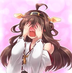  ahoge bare_shoulders blush brown_hair commentary covering_own_eyes embarrassed female full-face_blush hanjuku_tomato headgear kantai_collection kongou_(kancolle) long_hair nontraditional_miko open_mouth ribbon-trimmed_sleeves ribbon_trim solo 