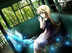  blonde_hair blue_eyes bug butterfly commentary_request dress female forest holding long_hair nature original outdoors ruins sitting solo suemizu_yuzuki tree 