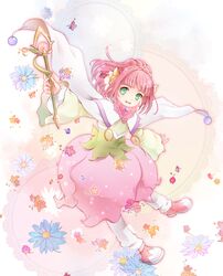  braid cape commentary dress female flower full_body green_eyes hair_flower hair_ornament high_ponytail kururi_(oekaki_nikki) no_pupils pink_dress pink_hair ponytail rubia_natwick shoes short_hair smile solo tales_of_(series) tales_of_the_tempest wand 