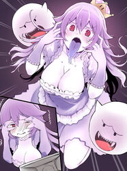  bad_id bad_pixiv_id blue_tongue blush boo_(mario) breasts cleavage collar colored_skin colored_tongue commentary_request crown dress female frilled_collar frilled_dress frilled_gloves frills ghost gloves half-closed_eyes large_breasts light_purple_hair long_tongue luigi&#039;s_mansion mario_(series) new_super_mario_bros._u_deluxe one_eye_closed partial_commentary peeking_through_fingers photoshop_(medium) princess_king_boo puffy_short_sleeves puffy_sleeves saliva sharp_teeth short_sleeves solo_focus super_crown tears teeth tongue tongue_out trembling white_dress white_skin yuu_(kfc) 