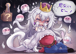  &gt;_&lt; blue_overalls blush boo breasts brown_hair chibi cleavage closed_eyes clothes_theft commentary_request crown dress earrings embarrassed eyelashes fangs female full-face_blush geoduck ghost ghost_tail gloves hat head_under_clothes highres jewelry large_breasts long_hair luigi&#039;s_mansion mario mario_(series) new_super_mario_bros._u_deluxe open_mouth overalls panties panties_removed princess_king_boo red_hat red_shirt sekiguchi_miiru shirt super_crown theft translated underwear underwear_theft very_long_hair white_dress white_gloves white_hair 