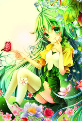  alraune_(p&amp;d) antenna_hair aqeme bad_id bad_pixiv_id bug butterfly dress female finger_to_mouth flower green_dress green_eyes green_hair green_theme jewelry leaf lily_of_the_valley long_hair monster_girl necklace photoshop_(medium) pink_flower pink_rose plant_girl puffy_short_sleeves puffy_sleeves puzzle_&amp;_dragons rose shoes short_sleeves sitting smile solo striped_clothes striped_dress thigh_strap very_long_hair 