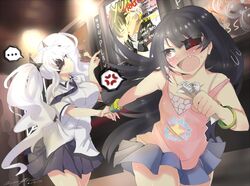  2girls ayame_(senran_kagura) black_hair blush bracelet cameron_johnson commentary eyepatch hanzou_academy_uniform jewelry long_hair mirai_(senran_kagura) miyabi_(senran_kagura) multiple_girls necktie open_mouth red_eyes school_uniform senran_kagura senran_kagura_shinovi_versus twintails white_hair yagyu_(senran_kagura) yuri 