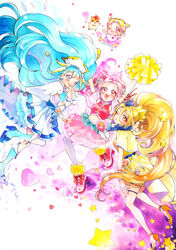  4girls :d ;d absurdres baby bare_legs blonde_hair blue_eyes blue_footwear blue_hair blue_hat blue_nails blue_scarf boots bow capelet closed_mouth commentary_request cone_hair_bun cure_ange cure_etoile cure_yell dress earrings feathers fingernails flower garrison_cap hair_bun hair_flower hair_ornament hair_ribbon hamster happy harryham_harry hat head_wings heart heart_hair_ornament heart_pouch high_heels high_ponytail highres holding hug-tan_(precure) hugtto!_precure jewelry kagayaki_homare knee_boots layered_skirt legs long_hair looking_at_viewer magical_girl mikan_(mikataaaa) multiple_girls nail_polish navel nono_hana one_eye_closed open_mouth orange_legwear orange_nails petals pink_eyes pink_footwear pink_hair pink_shirt pink_skirt pom_pom_(cheerleading) ponytail precure red_bow red_eyes red_ribbon ribbon scarf see-through shirt shoes short_hair short_twintails skirt sleeveless sleeveless_shirt smile star_(symbol) star_earrings star_hair_ornament thighhighs twintails white_dress white_legwear wide_ponytail wings wrist_cuffs yakushiji_saaya yellow_capelet yellow_eyes zettai_ryouiki 