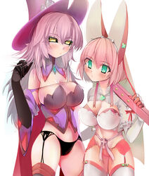  2girls ahoge arc_system_works bare_shoulders black_panties black_sclera blazblue blazblue:_central_fiction blush breasts bridal_veil bunny_ears cape cleavage clover company_connection crossover detached_sleeves elbow_gloves elphelt_valentine four-leaf_clover garter_belt garter_straps gloves green_eyes guilty_gear guilty_gear_xrd hat height_difference konoe_a_mercury large_breasts long_hair looking_at_viewer multiple_girls panties phantom_(blazblue) pink_hair pink_panties ribbon shiny shiny_hair shiny_skin short_hair thighhighs veil very_long_hair witch witch_hat yellow_eyes 