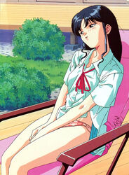  beach_chair blue_eyes blue_hair female fujiwara_aya long_hair no_pants non-web_source official_art own_hands_together panties photoshop_(medium) pink_panties short_sleeves sitting solo super_real_mahjong tanaka_ryou underwear v_arms 