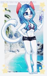  anthro bikini breasts clothed clothing felid female honesty_(artist) jewelry mammal necklace smartwater smile solo standing swimwear watermark 