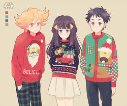  2boys alternate_costume arms_behind_back barry_(pokemon) beige_background bibarel black_eyes black_hair blonde_hair blue_pants blush christmas christmas_sweater closed_mouth commentary_request dawn_(pokemon) female flat_chest green_pants green_sweater hair_ornament hairclip hand_in_pocket hands_in_pockets komasawa_(fmn-ppp) light_blush long_hair long_sleeves looking_at_viewer lucas_(pokemon) multicolored_clothes multicolored_sweater multiple_boys orange_eyes pants plaid plaid_pants pleated_skirt pokemon pokemon_(creature) pokemon_dppt red_sweater short_hair simple_background skirt standing sweater ugly_sweater white_skirt 