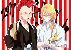  2017 2boys alternate_costume artist_name bad_id bad_pixiv_id bald bazz-b bird bleach blonde_hair blue_eyes chicken green_eyes hagoita haori_himo happy_new_year japanese_clothes jugram_haschwalth long_hair low_ponytail male_focus mohawk multiple_boys new_year open_mouth paddle red_hair ronisuke striped striped_background upper_body 