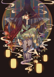  black_hair bug butterfly female geta glasses ichihara_yuuko insects invisible_chair japanese_clothes kimono kiseru lantern long_hair looking_at_viewer paper_lantern pipe sitting smoke standing tengu-geta watanuki_kimihiro xxxholic zhang_cup 