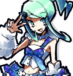  aqua_eyes aqua_hair asymmetrical_hair earrings happy idol lucia_(pokemon) midriff open_mouth pokemon pokemon_(game) ponytail skirt tiara v 