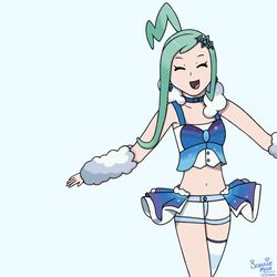  aqua_eyes aqua_hair armpits asymmetrical_hair closed_eyes earrings happy idol legs legwear lucia_(pokemon) midriff navel open_mouth pokemon pokemon_(game) ponytail shorts skirt stripped_legwear tiara 