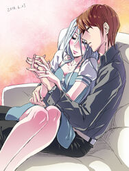  1boy asai_yuichi blue_eyes blush brown_hair closed_eyes commentary_request couch couple dated female grey_hair highres holding_hands interlocked_fingers jewelry kaiba_seto kisara_(yu-gi-oh!) long_hair ring short_hair sitting sitting_on_lap sitting_on_person straight wedding_ring yu-gi-oh! yu-gi-oh!_duel_monsters 