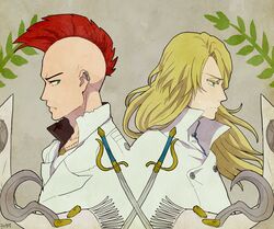  2boys artist_name back-to-back bad_id bad_pixiv_id bald bazz-b bleach blonde_hair blue_eyes earrings green_eyes jewelry jugram_haschwalth leaf long_hair male_focus mohawk multiple_boys necklace photoshop_(medium) red_hair ronisuke sword upper_body wandenreich_uniform weapon 