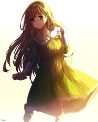  blush brown_eyes brown_hair closed_mouth commentary_request dress female fujinomiya_neko green_dress highres isumi_(yangyan) leg_up long_hair long_sleeves looking_at_viewer masamune-kun_no_revenge outdoors shoes simple_background smile solo standing white_background 