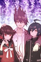  2boys ;d ahoge arm_around_neck arm_at_side beard black_hair blunt_bangs blush brown_eyes closed_mouth collared_shirt commentary_request danganronpa_(series) danganronpa_v3:_killing_harmony emblem facial_hair female flower gakuran goatee hair_ornament hairclip hand_on_another&#039;s_head harukawa_maki hatoichi_reno highres jacket long_hair long_sleeves looking_at_viewer looking_down looking_up low_twintails momota_kaito multiple_boys neckerchief one_eye_closed open_clothes open_mouth open_shirt playing_with_own_hair polka_dot_neckerchief purple_eyes purple_hair purple_jacket red_shirt saihara_shuichi school_uniform serafuku shirt short_hair sidelocks smile spiked_hair striped twintails upper_body vertical_stripes very_long_hair white_neckerchief white_shirt wing_collar wisteria 