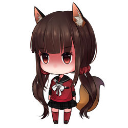  animal_ears arms_at_sides black_sailor_collar black_skirt blunt_bangs brown_hair chibi commentary_request danganronpa_(series) danganronpa_v3:_killing_harmony female fox_ears fox_tail full_body hair_ornament hair_scrunchie harukawa_maki kemonomimi_mode long_hair long_sleeves looking_away low_twintails miniskirt neckerchief plaid plaid_skirt pleated_skirt red_scrunchie red_shirt red_thighhighs sailor_collar school_uniform scrunchie serafuku shaded_face shirt simple_background skirt solo standing star_(symbol) star_print tail tareme thighhighs twintails very_long_hair white_background white_neckerchief yuikannon zettai_ryouiki 