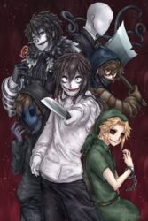  6+boys axe bad_id bad_pixiv_id ben_drowned black_sclera candy colored_sclera crazy_eyes creepypasta equala evil_smile eyeless_jack faceless food glasses highres hood hooded_jacket jacket jeff_the_killer knife laughing_jack lollipop mask multiple_boys slender_man smile tentacle ticci_toby weapon 