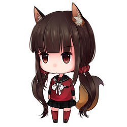  animal_ears arms_at_sides black_sailor_collar black_skirt blunt_bangs brown_hair chibi commentary_request danganronpa_(series) danganronpa_v3:_killing_harmony female fox_ears fox_tail full_body hair_ornament hair_scrunchie harukawa_maki kemonomimi_mode long_hair long_sleeves looking_away low_twintails miniskirt neckerchief plaid plaid_skirt pleated_skirt red_scrunchie red_shirt red_thighhighs sailor_collar school_uniform scrunchie serafuku shirt simple_background skirt solo standing star_(symbol) star_print tail tareme thighhighs twintails very_long_hair white_background white_neckerchief yuikannon zettai_ryouiki 