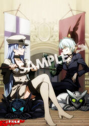  2boys 2girls akame_ga_kill! belt blue_hair boots breasts choker cigarette crying esdeath formal hat large_breasts long_hair mechanical_arm military_uniform multiple_boys multiple_girls najenda naughty_face short_hair silver_hair sitting sitting_on_person skirt smile smoking suit tatsumi_(akame_ga_kill!) teeth torture wave_(akame_ga_kill!) 