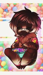  ambiguous_gender anthro candy chibi dessert eyewear food fur glasses hair honesty_(artist) letterbox mammal pilosan sloth smile solo three-toed_sloth xenarthran 