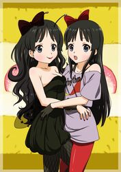  2girls akiyama_mio antennae black_eyes black_hair casual commentary_request dual_persona gloves hug k-on! listen!! long_hair multiple_girls p-crush pantyhose photoshop_(medium) 