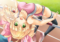  arched_back ass black_thighhighs blonde_hair breasts buruma commentary_request female green_eyes high_jump jumping kamiya_tomoe leaning_back long_hair medium_breasts midriff moe2017 open_mouth original photoshop_(medium) playing_sports ribbon running_track shoes sneakers solo sports_bikini sports_bra thighhighs track_and_field track_uniform twintails 