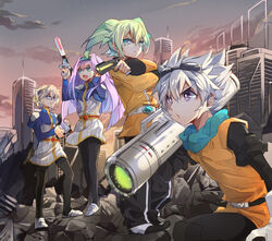  3boys aqua_eyes bad_id bad_pixiv_id blue_eyes building cloud curly_hair fei_rune female gillis glasses goggles goggles_on_head green_eyes green_hair gun hairband inazuma_eleven_(series) inazuma_eleven_go inazuma_eleven_go_chrono_stone jacket jaenbba long_hair meia multiple_boys open_mouth photoshop_(medium) purple_eyes purple_hair rubble saryuu_evan sky smile soccer_uniform sportswear star_(symbol) very_long_hair weapon 