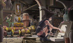  2girls ankle_boots banner black_eyes black_footwear black_hair boots bottle bucket cabinet camisole commentary_request crate fantasy flagstone flask food goggles goggles_on_head hair_tie hat highres hook indoors industrial_pipe jumpsuit log long_hair looking_to_the_side mace machinery mecha midriff multiple_girls original pavement photoshop_(medium) ponytail profile pulley robot rope round-bottom_flask sack shield short_hair shorts spaghetti_strap sparks squatting standing stove strap_slip sukabu tile_wall tiles tongs tri_tails vegetable weapon witch_hat 