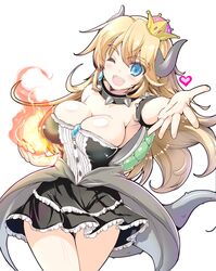  absurdres adapted_costume armlet bare_shoulders between_breasts black_collar black_dress blonde_hair blue_eyes bowsette bracelet breasts bursting_breasts center_frills cleavage collar commentary_request crown dress earrings female fire forked_eyebrows frilled_dress frills hair_between_eyes highres horns jewelry large_breasts long_hair mario_(series) misakura_nankotsu new_super_mario_bros._u_deluxe ponytail sharp_teeth skindentation solo spiked_armlet spiked_bracelet spiked_collar spiked_shell spikes strapless strapless_dress super_crown teeth thick_eyebrows tilted_headwear turtle_shell white_background 