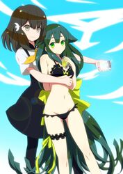  2girls absurdly_long_hair bikini bird_hair_ornament black_bikini black_bra black_legwear black_panties black_skirt bow bra breasts brown_eyes brown_hair cleavage commentary_request frilled_bra frilled_panties frills gatchaman_crowds green_eyes green_hair groin hair_ornament holding holding_phone hug hug_from_behind ichinose_hajime long_hair long_skirt lowleg lowleg_bikini miya_utsutsu multiple_girls navel note_(gatchaman_crowds) panties phone ribbon shirt skirt small_breasts smile standing suemizu_yuzuki swimsuit thigh_strap underwear underwear_only very_long_hair white_shirt yellow_bow yellow_ribbon 