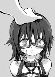  bondage bondage bound collar commentary female glasses greyscale hand_on_another&#039;s_head headpat highres kinbakuman m-chan_(kinbakuman) monochrome original restrained solo_focus tears 