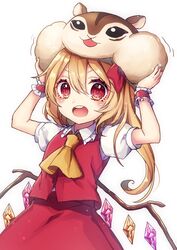  :o arms_up ascot blonde_hair blush commentary_request crystal female flandre_scarlet highres kyouda_suzuka long_hair looking_at_viewer puffy_short_sleeves puffy_sleeves red_eyes short_sleeves side_ponytail simple_background squirrel stuffed_animal stuffed_squirrel stuffed_toy teeth touhou translation_request v-shaped_eyebrows white_background wings wrist_cuffs yellow_ascot 