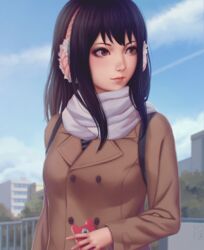  bad_id bad_pixiv_id brown_eyes brown_hair cellphone commentary earmuffs female fingernails highres jacket kimishima_kana kiseijuu lips long_fingernails long_hair miura-n315 phone scarf solo 