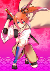  blue_eyes commentary_request female fingerless_gloves gloves hair_ribbon japanese_clothes jippei katana on_one_knee original ponytail red_hair ribbon shorts smile solo sword weapon 